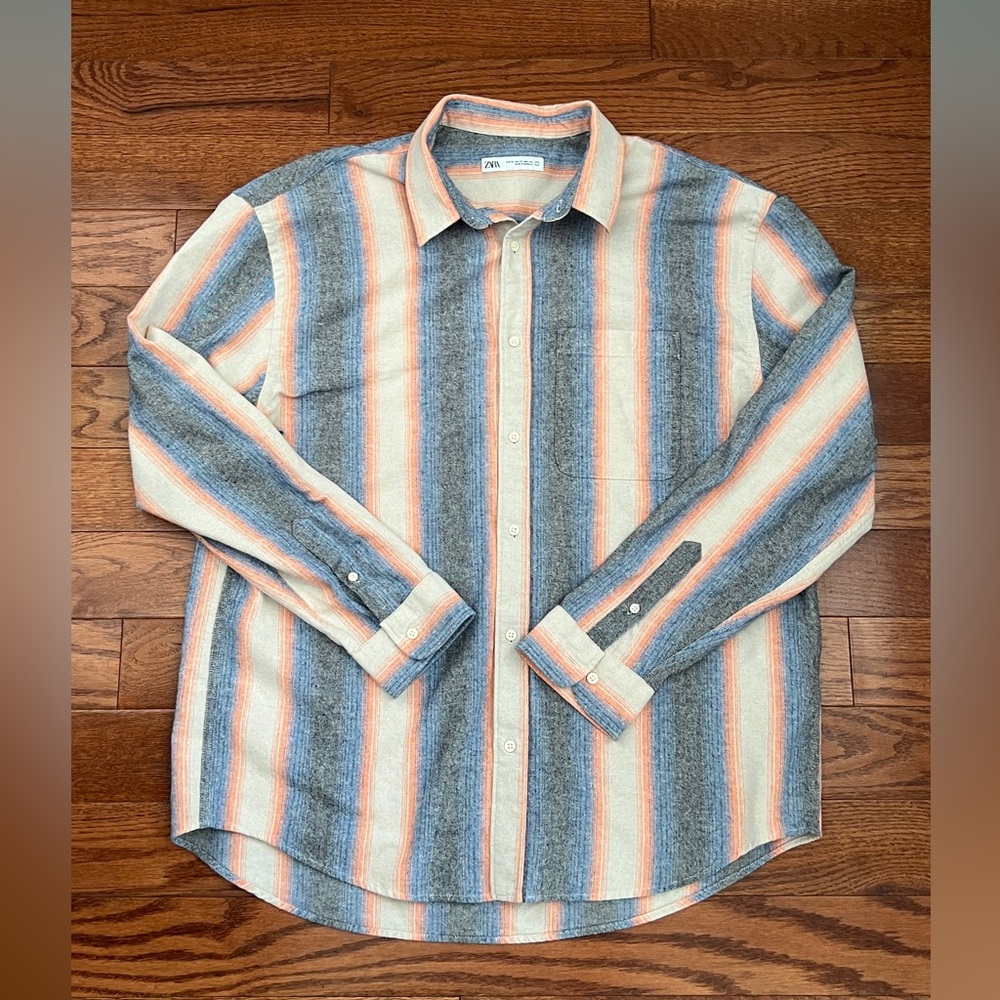 Zara Men’s Multi Striped Button-Up Thick Cotton Shirt Retro Style Sz XL